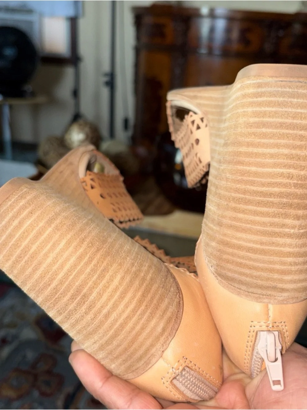Jeffrey Campbell Tan Laser-Cut Wedge Sandals with Ankle Strap